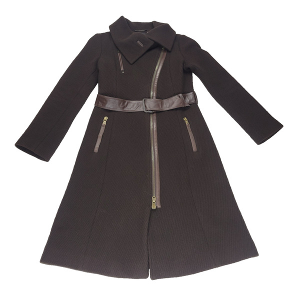 Mackage Asymmetrical Long Trench Coat Wool Coat P/S Chocolate Brown Leather - Picture 1 of 16